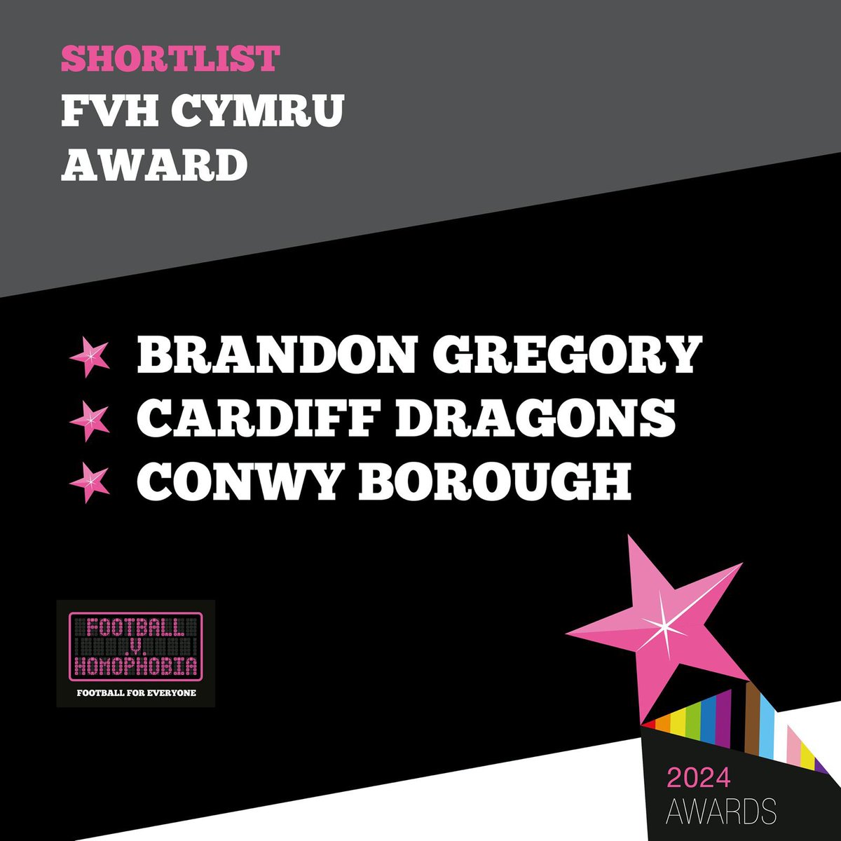 FvHtweets's tweet photo. In the @FvHCymru category of the #FvH2024 Awards, the judges have shortlisted the following nominees:

🎉@brandonmgregory 
🎉@cardiffdragons 
🎉@ConwyBoroughFC 

Good luck everyone! https://t.co/TpA6ysd4MA