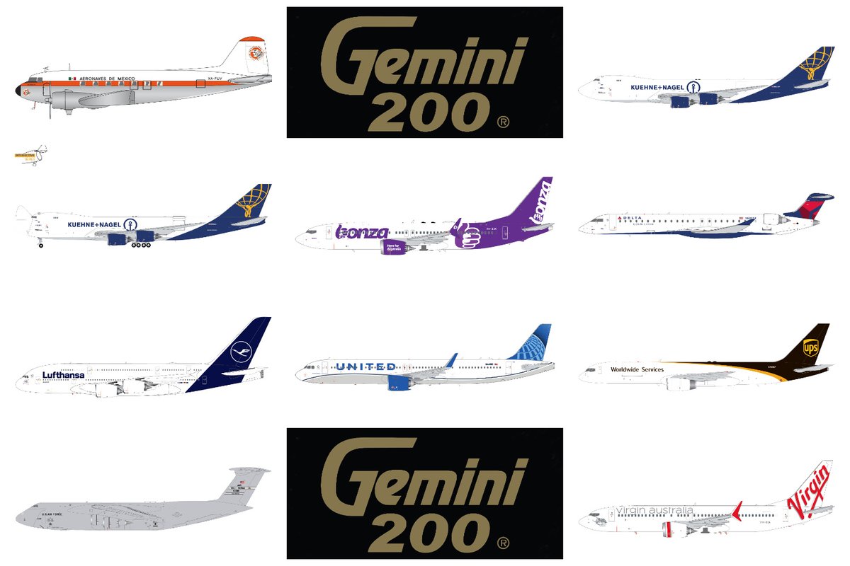 TAKEOFF! Gemini200 1:200-scale Jan. 2024: Aeronaves de Mexico DC-3, Atlas Air/Kuehne+Nagel 747-8F, Bonza 737 MAX 8, Delta Connection/SkyWest CRJ900LR, Lufthansa A380, United A321neo, UPS 757F, U.S. Air Force C-5, Virgin Australia 737 MAX 8. Details at geminijets.com