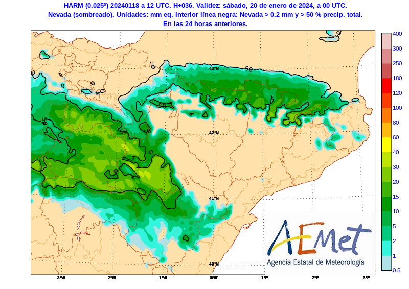 AEMET_Aragon's tweet photo. Precipitación prevista en forma de nieve según Harmonie-Arome así como probabilidad de superar 1, 5 y 10 mm mañana viernes, día 19, según el EPS de corto plazo.
Atentos a las nevadas mañana en diferentes áreas de nuestra Comunidad. https://t.co/z3PUjV6WoT