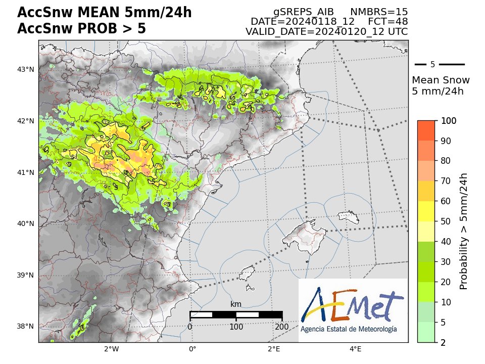 AEMET_Aragon's tweet photo. Precipitación prevista en forma de nieve según Harmonie-Arome así como probabilidad de superar 1, 5 y 10 mm mañana viernes, día 19, según el EPS de corto plazo.
Atentos a las nevadas mañana en diferentes áreas de nuestra Comunidad. https://t.co/z3PUjV6WoT