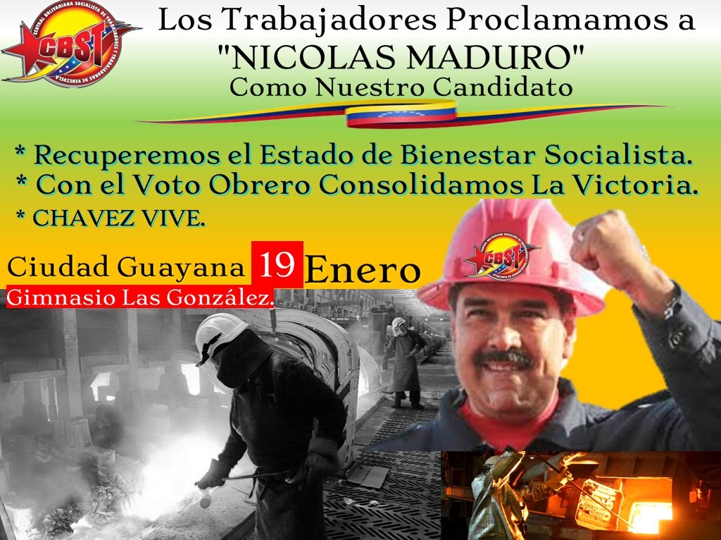 La clase trabajadora proclama al Presidente Obrero <a href="/NicolasMaduro/">Nicolás Maduro</a> como su candidato, rumbo a la victoria este 2024. 
Gran acto nacional en el estado Bolívar, este #19Ene.
<a href="/WillsRangelCBST/">Wills Rangel PDVSA CBST FUTPV</a>
<a href="/CELopez1112/">Carlos Lopez</a>
<a href="/amarcanopsuv/">Ángel Marcano</a>
<a href="/torrealbaf/">Francisco Torrealba</a>

#VenezuelaFuerzaEconómica