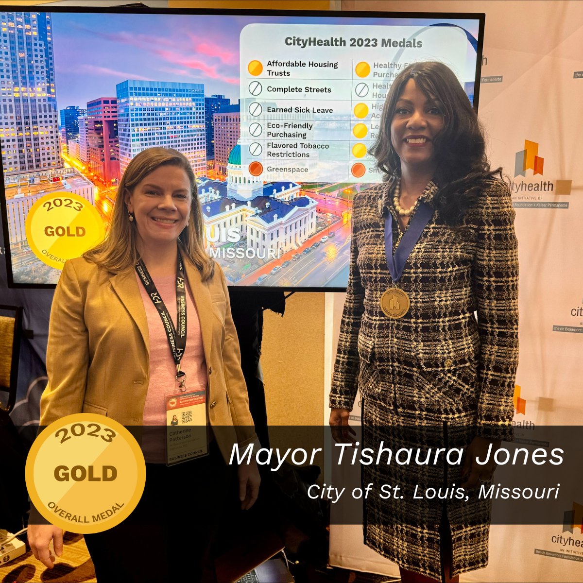 We're excited to present @SaintLouisMayor Tishaura Jones with a CityHealth overall gold medal for 2023! After earning overall bronze in 2022, @STLCityGov's continued commitment to residents' health and well-being guaranteed its gold medal win this year 🥇