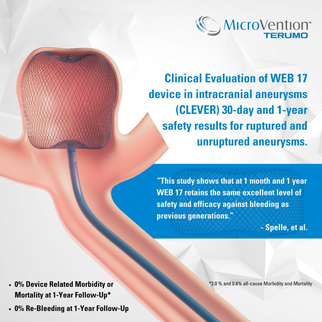 terumoneuro's tweet photo. Read the Clinical Evaluation of WEB 17 device in intracranial aneurysms (CLEVER) 30-day and 1-year safety results for ruptured and unruptured aneurysms here: https://t.co/EfNUmg2ceX
#neurointervention #neuroendovascular #neuroradiology #WEBdevice #neurotwitter
WEB Device Indications for Use: https://t.co/66w1tIuTDp