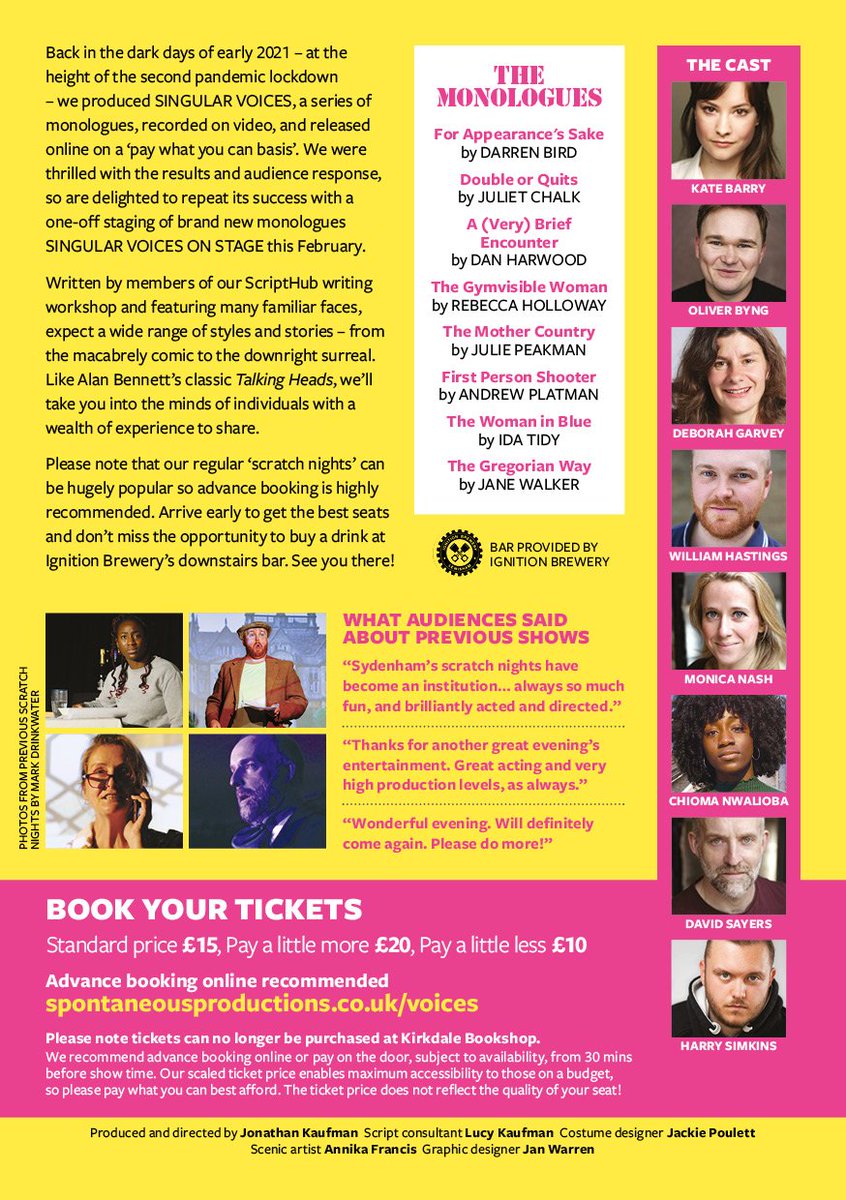 SponProdsTC's tweet image. Now booking! Our first show of 2024 is a smorgasbord of original comic & dramatic monologues, written by members of our #ScriptHub workshop and performed by some familiar faces. #SINGULARVOICESONSTAGE Sat 17 Feb 7.30pm #UpstairsattheSydenhamCentre book now spontaneousproductions.co.uk/events/singula…