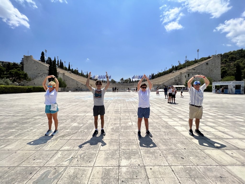 @OhioStateAlumni Here’s a couple 🙆🏻‍♂️🙌🏼🙏🏼🙆🏻‍♂️ photos of myself (class of ’00), my wife, and 2 sons this past July at the ruins of Pompeii and at the Panathenaic Stadium (the home of the modern Olympics) in Athens, Greece! It quite resembles our Horseshoe! #BuckeyeForLife