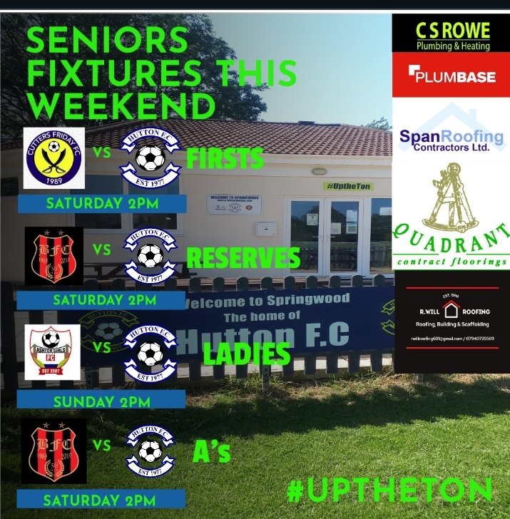 4 Senior games this weekend. 
All away.
Firsts at <a href="/CFFCTweets/">Cutters Friday Football Club</a> 
Reserves and A's at <a href="/BerrowFC/">Berrow F.C.</a> 
Ladies at Ashton. 
<a href="/somersetcfl/">Somerset County FL</a> 
<a href="/SomersetCWL/">Somerset County Women's Football League</a> 
<a href="/WDistrict_FL/">Weston&DistrictFL</a> 
<a href="/swsportsnews/">South West Sports News</a> 
#UptheTon 
#Somerset