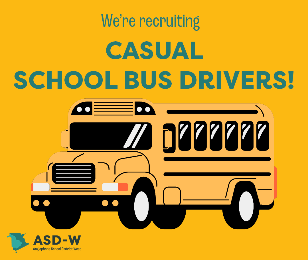 ASD_West's tweet photo. Our district is recruiting casual school bus drivers!  If you, or someone you know, is looking for a flexible position with the potential to become a rewarding career, look no further!  Please us @ASD_West at https://t.co/ar7lh48nDE to learn more and apply, or call Assistant Transportation Manager Scott Barton at 506-357-4060.