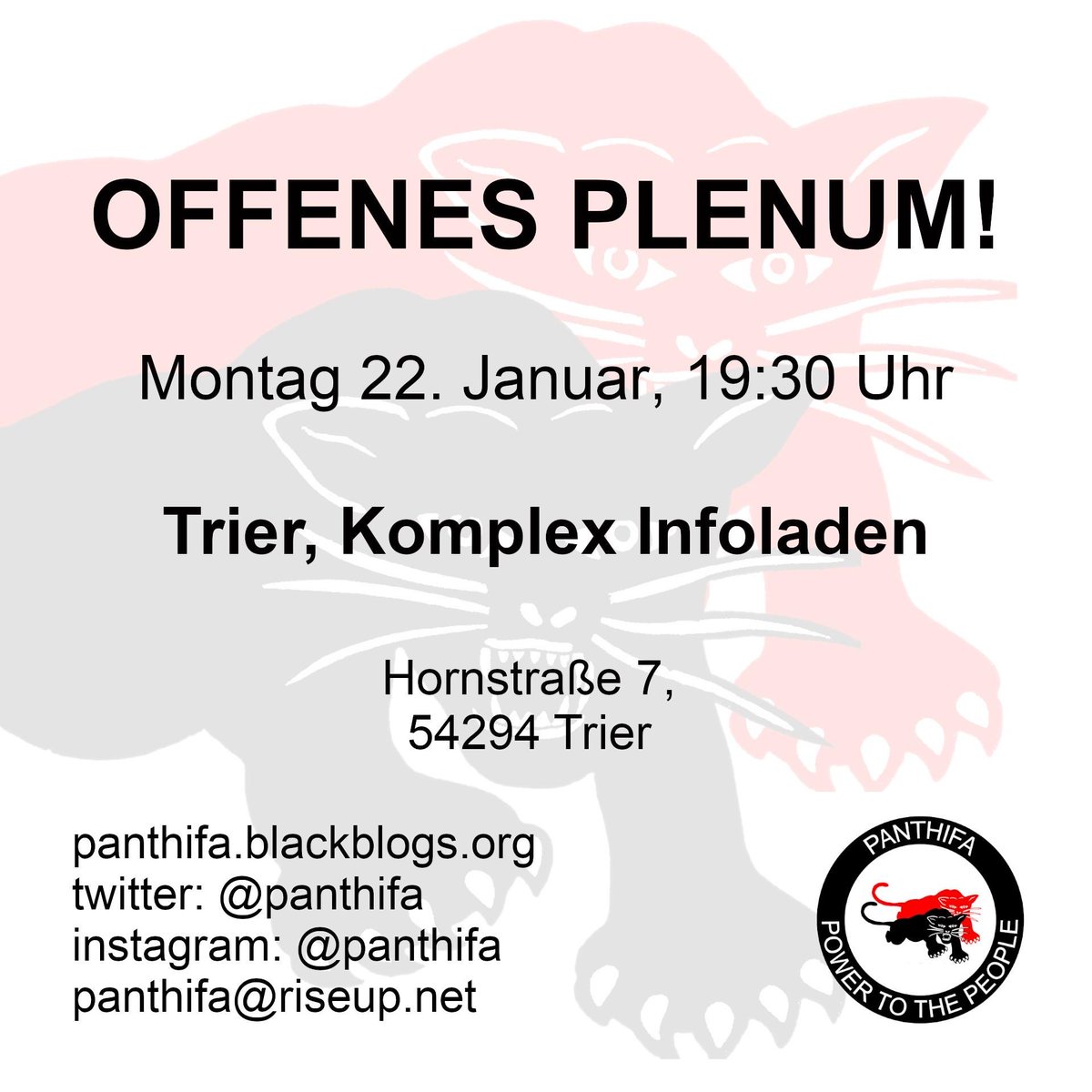 Wir wollen uns wieder in Trier mit euch, unseren Geschwistern, bei Snacks &amp; Musik vernetzen und gemeinsam über die Befreiung Afrikas sprechen! Dazu treffen wir uns am Montag (22.01.) um 19:30 Uhr im Komplex Infoladen. Alle Schwarzen und afrodiasporischen Menschen sind willkommen!