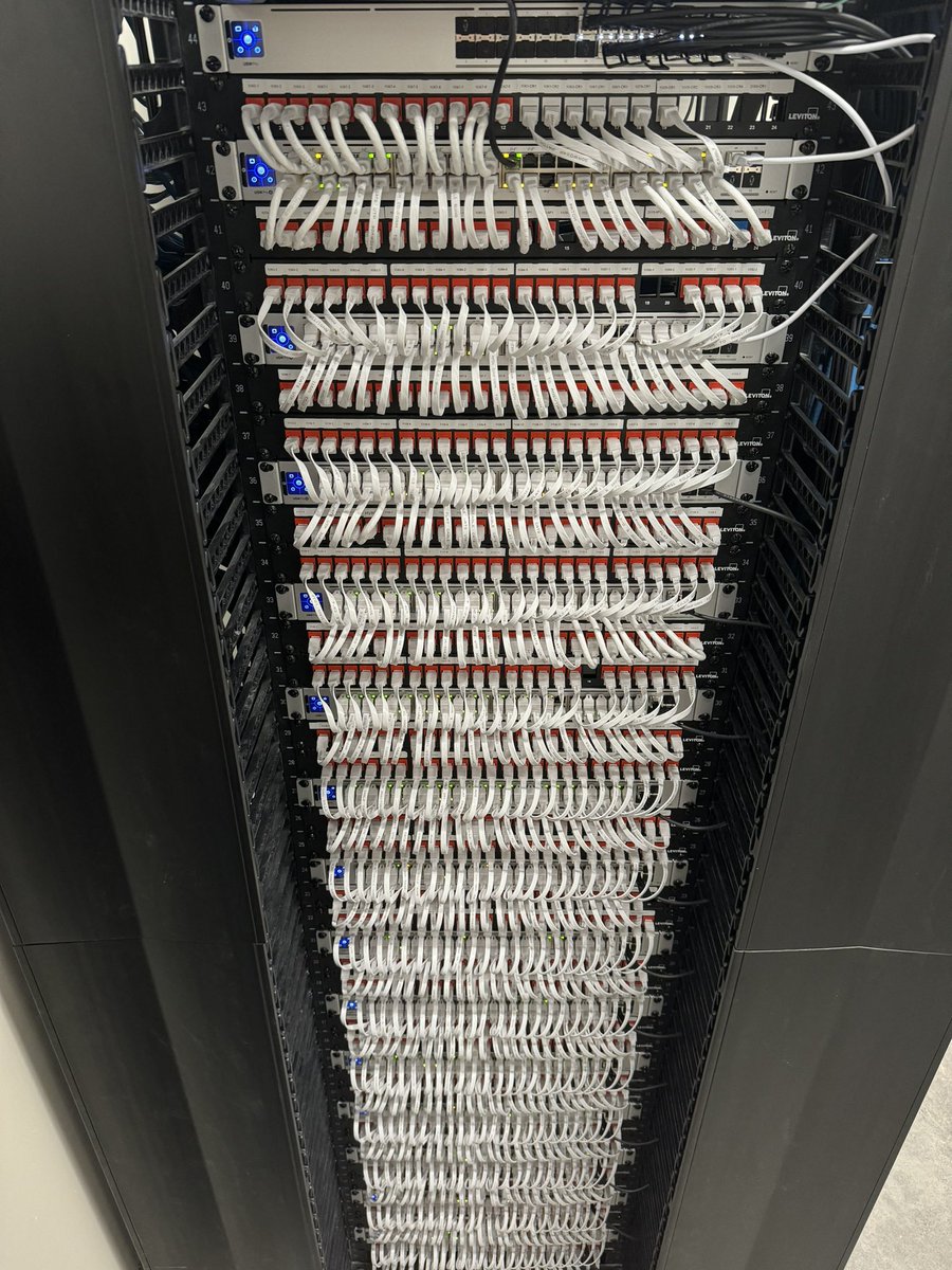 Full 48U Rack pic (by request). Over 3 miles of Cat6a in this installation. 1 USW Pro Aggregation, 5 USW Pro 48 PoE, 9 USW Pro 48, all in one rack! <a href="/Ubiquiti/">Ubiquiti Inc</a> #Ubiquiti #Unifi #UnifiProfessionals