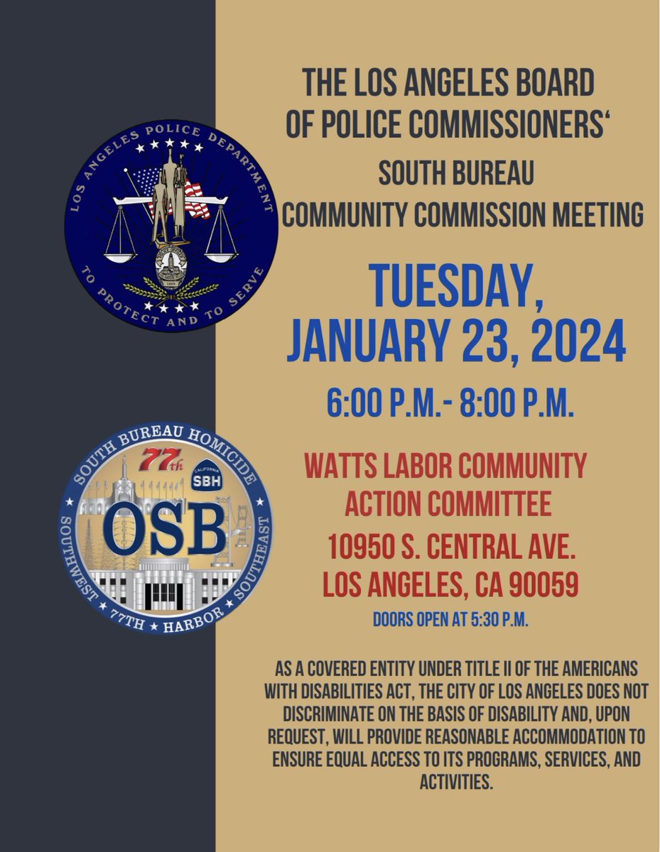 Join us next Tuesday, January 24, 2024. Time: 6PM-8PM, doors open at 5:30 PM Where: Watts Labor Community Action Committee 10950 S Central Ave Los Angeles Ca 90059