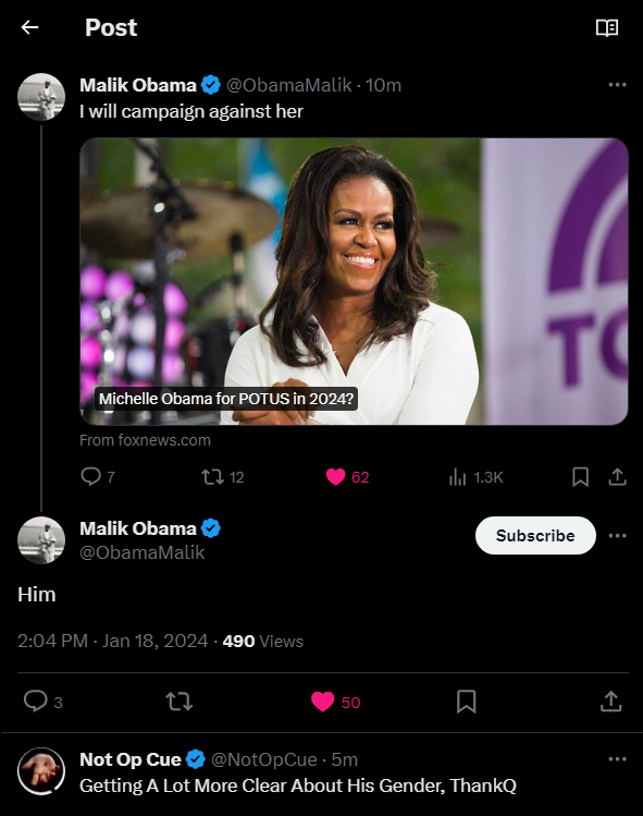Two Male Obama Candidates In 2024? 🤵🏿🗳️🤵🏿🗳️2⃣0⃣2⃣4⃣🗳️🤵🏿🗳️🤵🏿 On January 18, 2024 Malik Obama (@ObamaMalik) provided more clarity about Big Mike's (@MichelleObama's) gender after accidentally using the wrong pronoun when mentioning he would campaign against him. He promptly made…