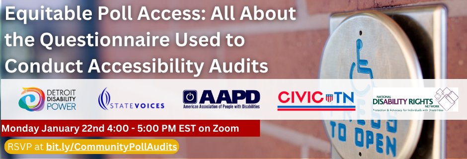 Access The Vote Florida (@accessthevotefl) on Twitter photo Upcoming Webinar
Equitable Poll Access: All About the Questionnaire Used to Conduct Accessibility Audits
1/22 at 4PM EST
RSVP at lnkd.in/eZQph8ey
<a href="/AAPD/">AAPD</a> <a href="/state_voices/">State Voices</a> <a href="/CivicTN/">CivicTN</a> <a href="/TNrights/">Disability Rights TN</a> <a href="/DisabilityPower/">Detroit Disability Power</a> <a href="/NDRNadvocates/">National Disability Rights Network</a>
#CripTheVote Upcoming Webinar
Equitable Poll Access: All About the Questionnaire Used to Conduct Accessibility Audits
1/22 at 4PM EST
RSVP at lnkd.in/eZQph8ey
<a href="/AAPD/">AAPD</a> <a href="/state_voices/">State Voices</a> <a href="/CivicTN/">CivicTN</a> <a href="/TNrights/">Disability Rights TN</a> <a href="/DisabilityPower/">Detroit Disability Power</a> <a href="/NDRNadvocates/">National Disability Rights Network</a>
#CripTheVote