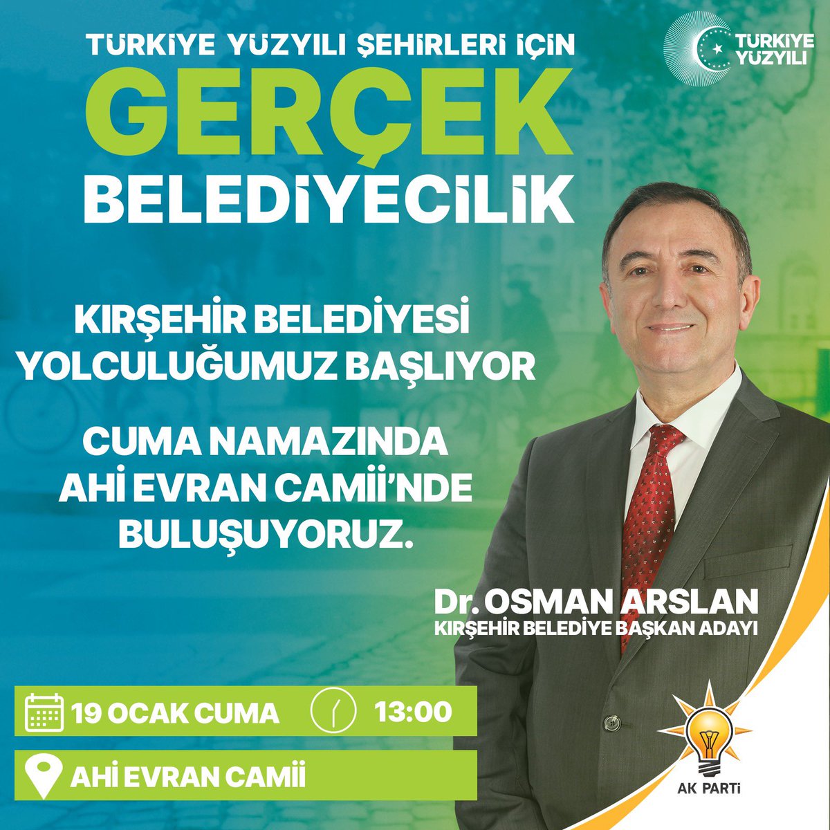 #YenidenKırşehir için 2024’e yürüyoruz!
Haydi Kırşehir!
Şehrimize AK Belediyecilik anlayışı ile Gerçek Belediyeciliğe kavuşma yolunda tüm hemşehrilerimizi Cuma namazı sonrası Ahi Evran Külliyesi’ne bekliyoruz.

#Kırşehir  
#TürkiyeYüzyılı