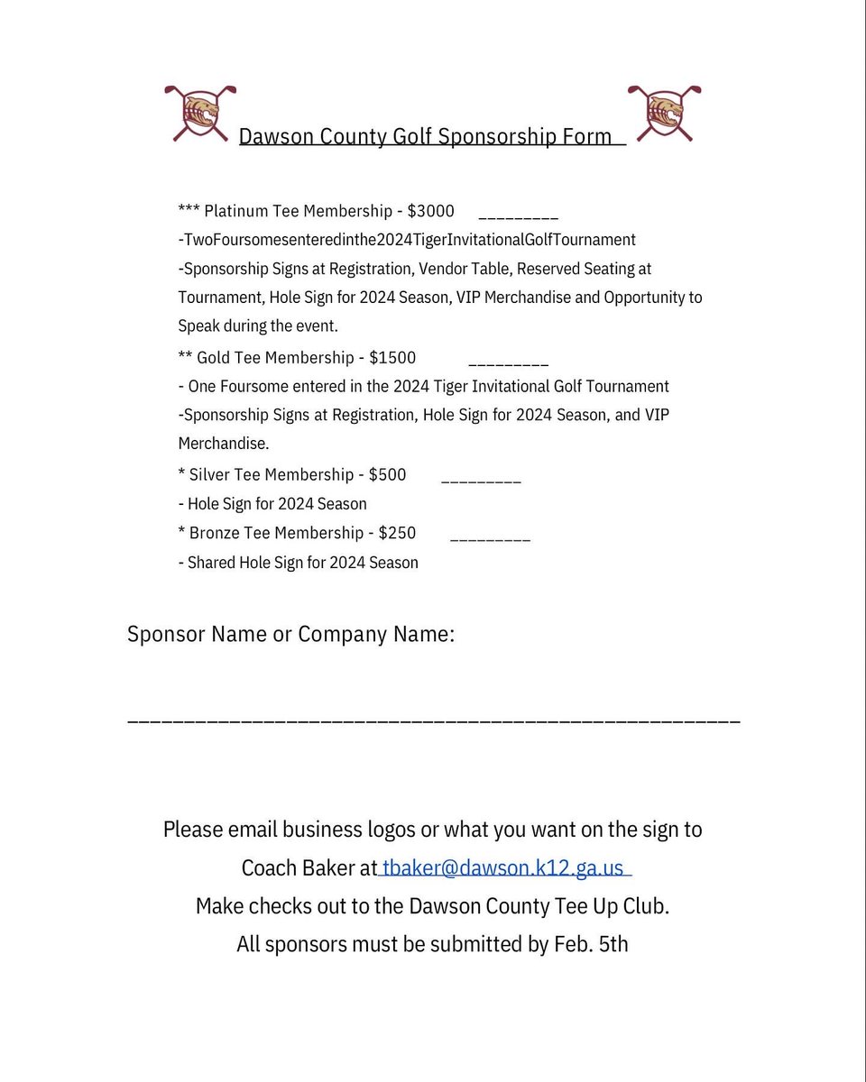 @dawsontigergolf is BACK❗️The golf program has been blessed with tremendous support the last few years &amp; we're hoping to continue that this year. 
Email tbaker@dawson.k12.ga.us for more details or opportunities to support. 
#OneDawson