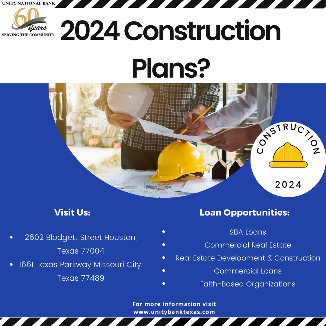Do you have plans for construction in 2024? Are you in need of a loan for your small business? Unity National Bank is SBA Certified. Visit your local branch and inquire about the best loan options available. #constructionloans #SBAcertified  #60anniversary #since1963