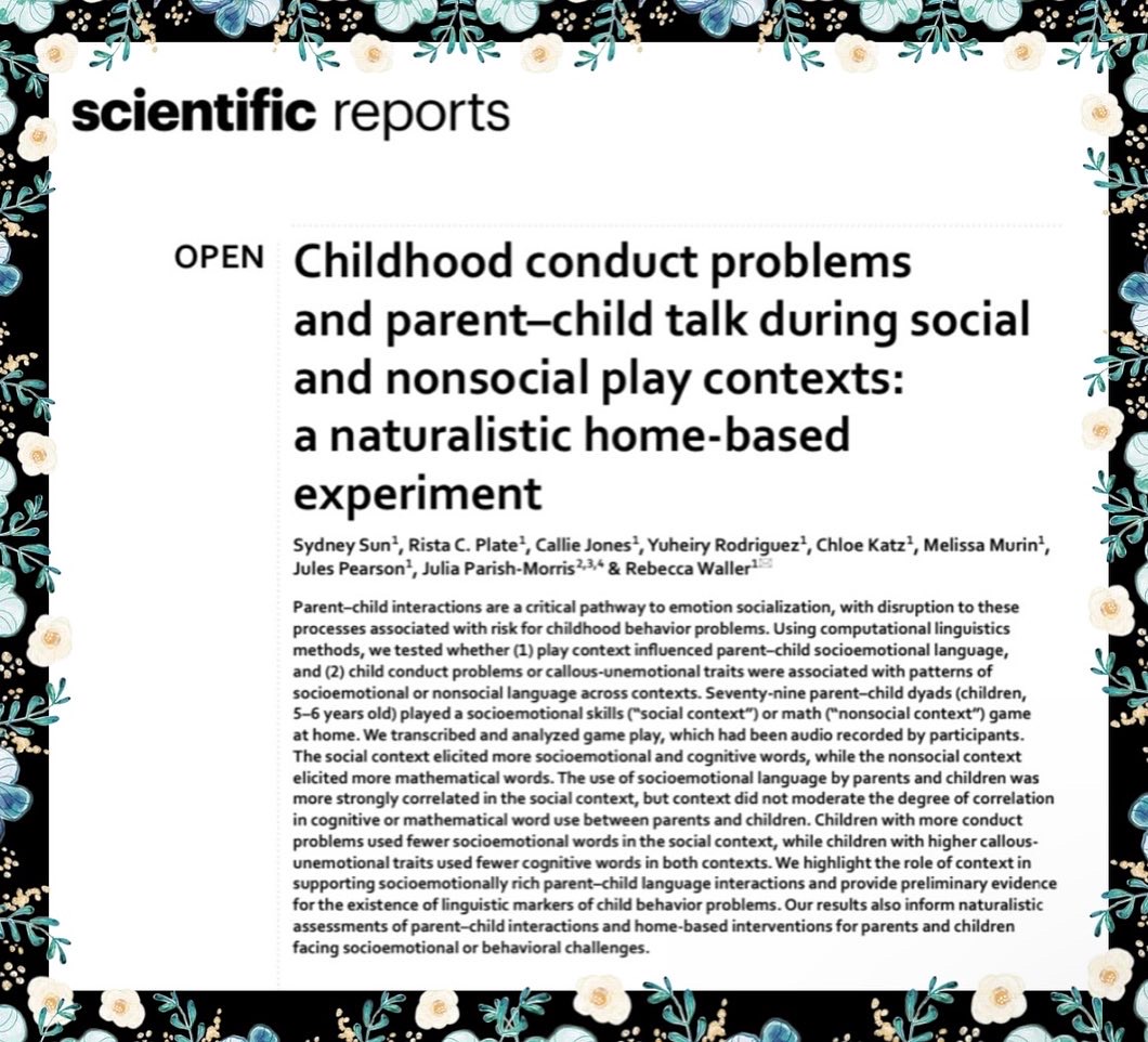 EDENLabUPenn's tweet image. Hot off the press! Congrats to undergrad, Sydney Sun, along with our @ChildrensPhila and @UofPenn collaborators, for their paper on childhood conduct problems and parent-child talk during social and cognitive-based tasks. Click the link to read! ✨
nature.com/articles/s4159…