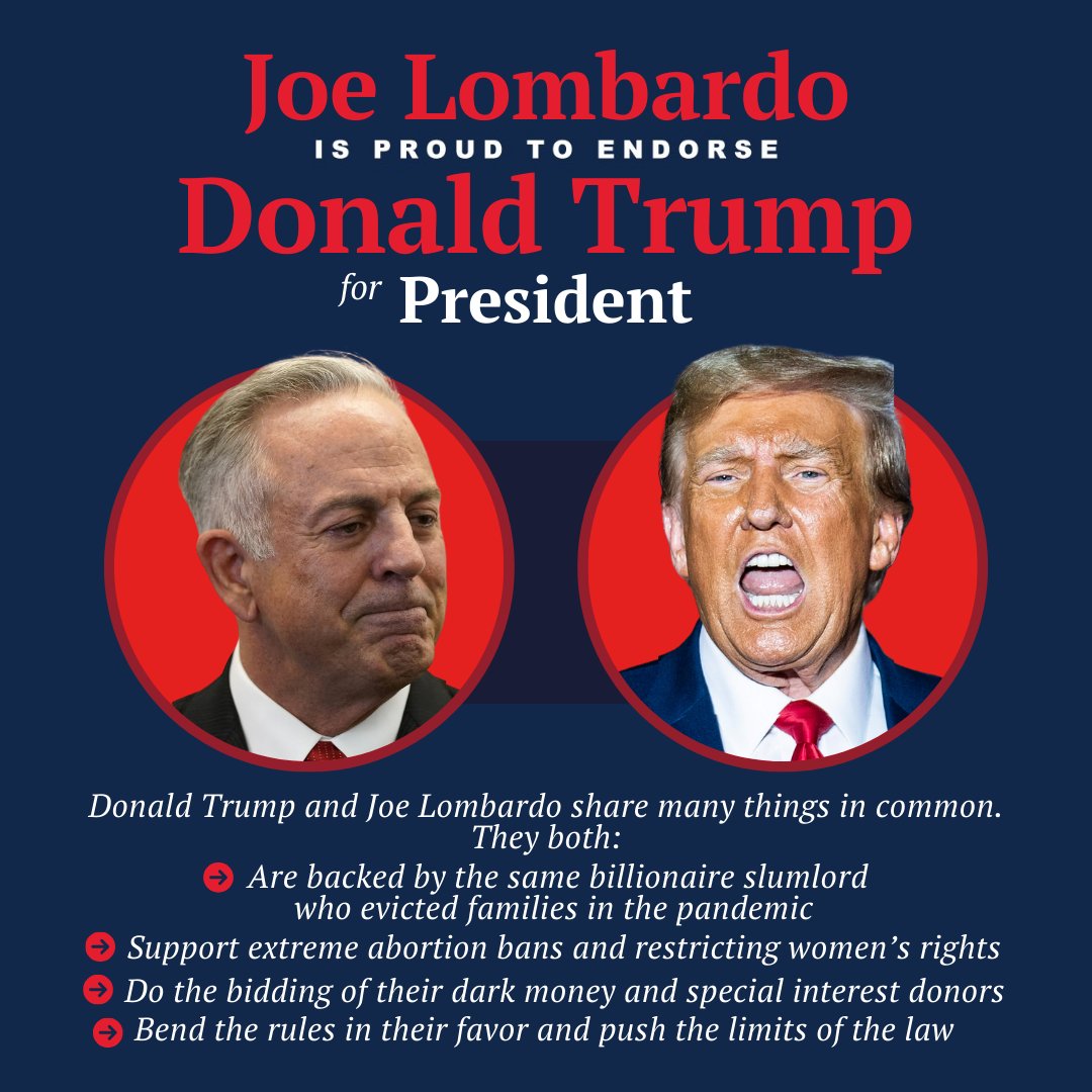 nvdems's tweet photo. .@JoeLombardoNV we noticed you didn't have a graphic ready for your endorsement of Trump so we made one for you. https://t.co/yRAkRKkTzx