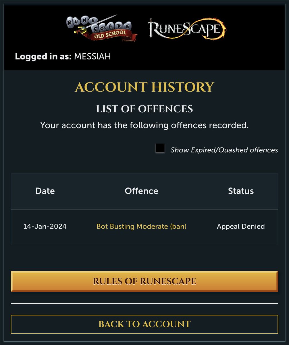 Messiah_OSRS's tweet image. Well, they got me too. I have been hit with a false ban.

My account is just about my most precious possession, there is absolutely NO WAY I would even consider botting.

Jagex I beg you to take a closer look at this one. This is incredibly depressing and stressful. @JagexAyiza