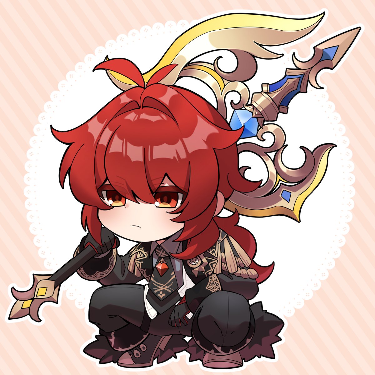 diluc (genshin impact) 1boy male focus red hair weapon chibi solo red eyes  illustration images
