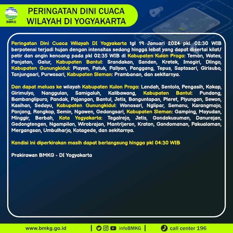 infoBMKG's tweet image. Update Peringatan Dini Cuaca Wilayah - DI Yogyakarta Tgl. 19 Januari 2024 pkl. 02:35 WIB
Prakirawan - BMKG - DI Yogyakarta
nowcasting.bmkg.go.id/nowcast?kodwil…