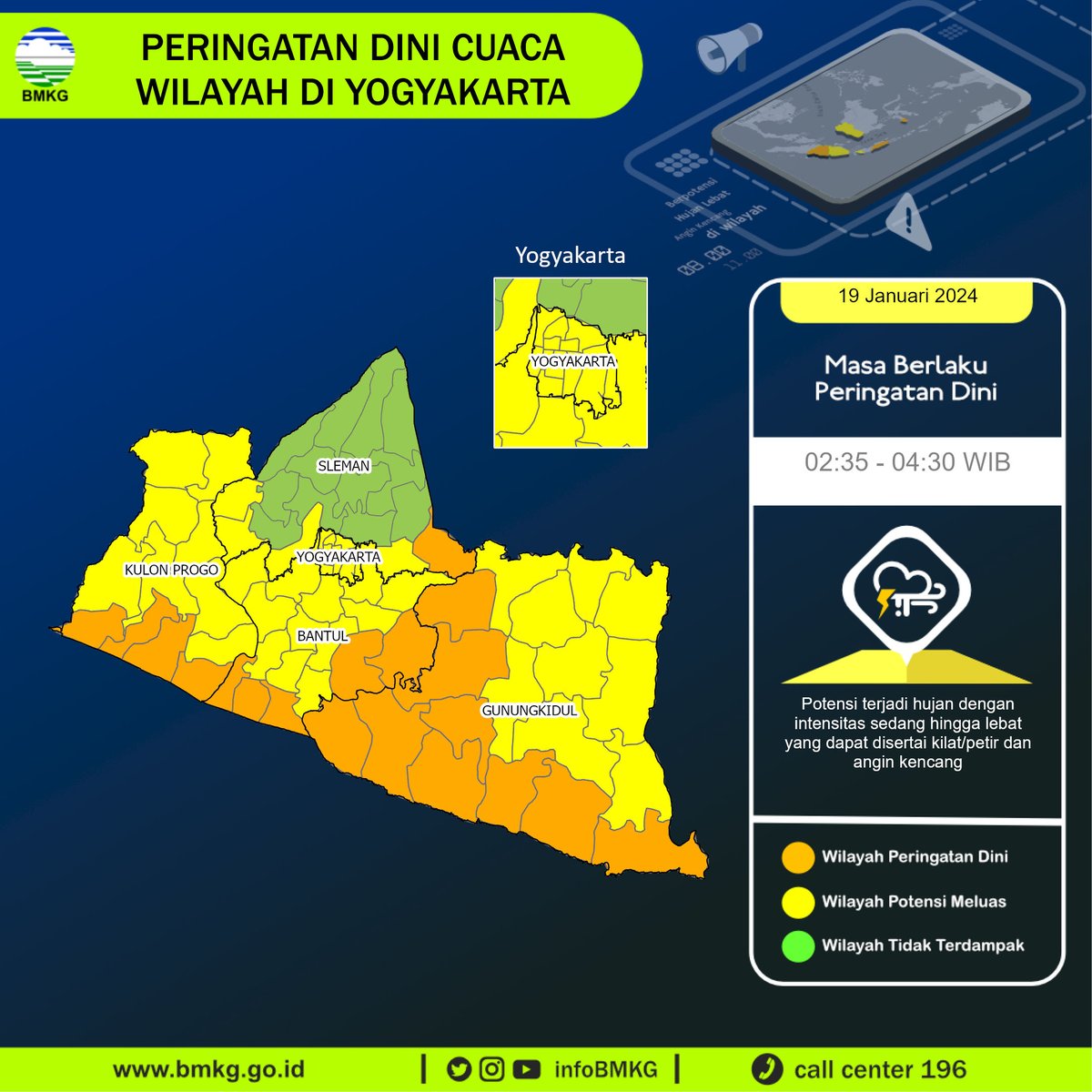 infoBMKG's tweet image. Update Peringatan Dini Cuaca Wilayah - DI Yogyakarta Tgl. 19 Januari 2024 pkl. 02:35 WIB
Prakirawan - BMKG - DI Yogyakarta
nowcasting.bmkg.go.id/nowcast?kodwil…