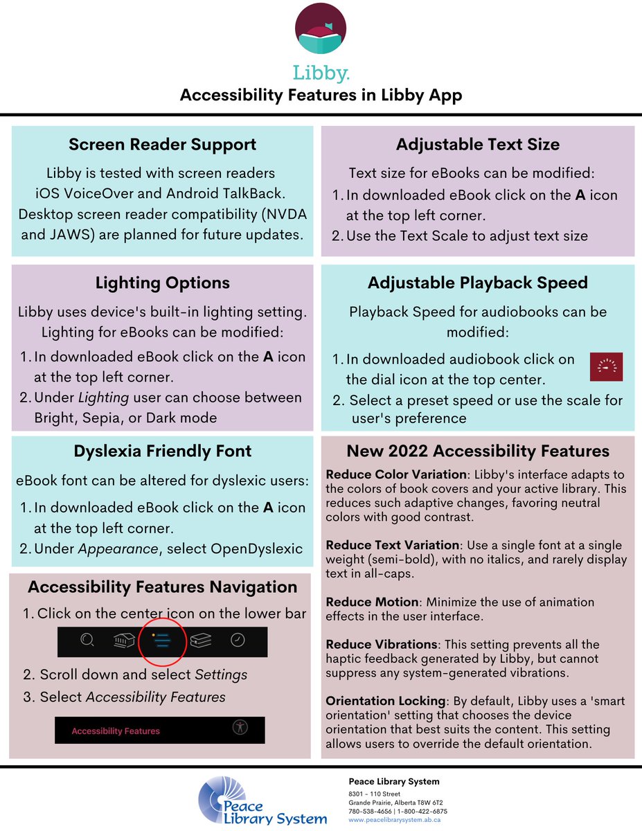 PeaceLibrarySys's tweet image. Download the Libby app on your device to download free ebooks and audiobooks from your library! Libby is also a champion of accessibility, check out its accessibility features!
* The desktop side of Libby is Overdrive. Access it here: ow.ly/EVQJ50QsbUx. #Libby #Overdrive