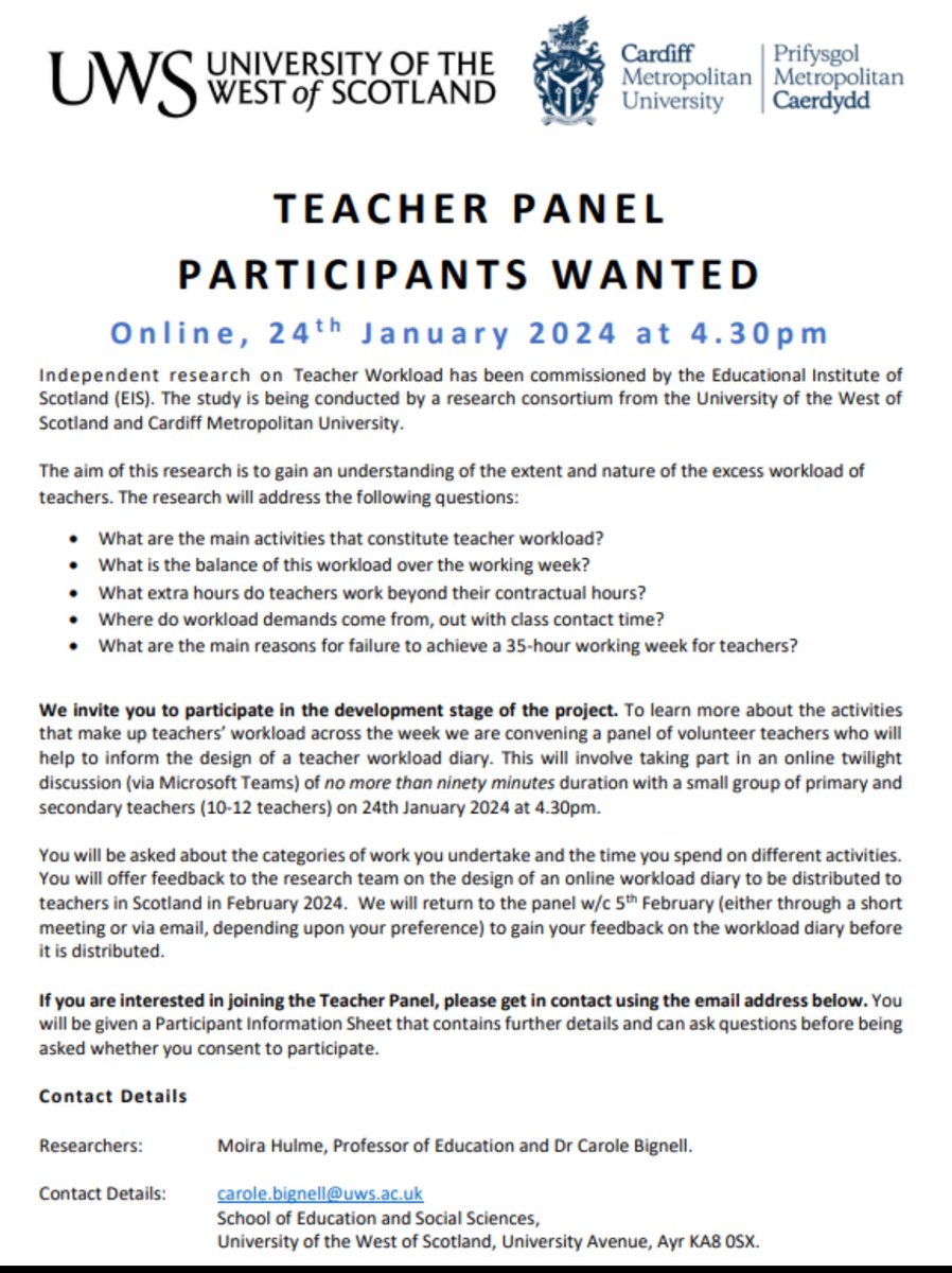 A call for BME teachers to take part in a panel on Teacher Workload. This independent research has been commissioned by @EISUnion. Colleagues at ⁦@UWSeducation⁩ and ⁦@cardiffmet⁩ are keen for you to join them on 24 Jan at 4.30pm! Please DM or contact 👇🏽