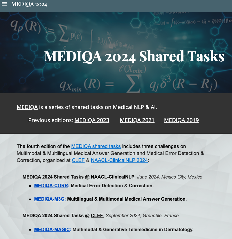 AsmaBenAbacha's tweet image. If you are interested in medical NLP/CV/AI, #MEDIQA 2024 includes 3 competitions on Multimodal & Multilingual Medical Answer Generation and Medical Error Correction @ #CLEF & #NAACL-#ClinicalNLP 2024➡️sites.google.com/view/mediqa202… w. Wen-wai Yim, Meliha Yetisgen, Fei Xia & @MKrallinger