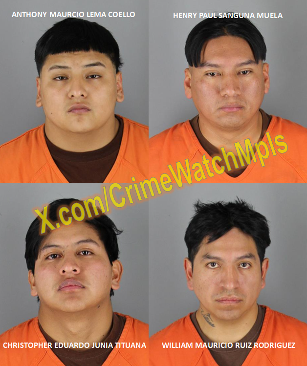 Four suspects charged with felony theft for shoplifting over $1100 in merch at Macy's Ridgedale, Minnetonka this week.

The thefts were captured on video and each suspect eventually admitted to stealing/concealing merch.

Anthony Mauricio Lema Coello, 19
Henry Paul Sanguna Muela,