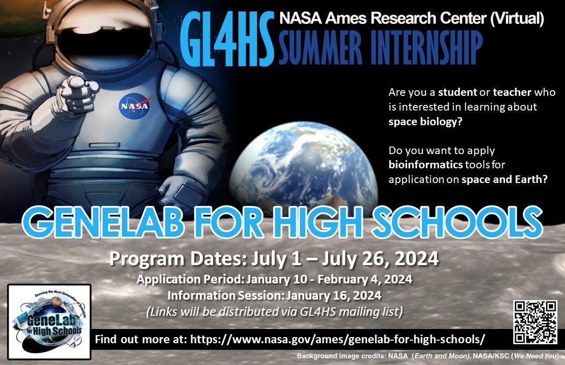 NASAGeneLab's tweet image. 📣How can a high schooler become a leader in space biology and medicine?🧬Apply to GeneLab for High Schools - learn skills and build networks. Application period open until Feb 4.
#STEMeducation #APbiology #biotech #teacher #internship #gl4hs #learning 

➡️tinyurl.com/gl4hs-2024