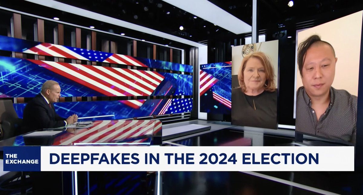 HaoLi81's tweet photo. Here is my live interview on @CNBC  with #TylerMathisen and ND Senator @HeidiHeitkamp, discussing the risk of #deepfakes especially for the upcoming US #Election2024, new #AIlipsync and #voicecloning tech. @pinscreeninc @mbzuai 

https://t.co/lJ1Czv5Y6j https://t.co/7aePuDyt5s