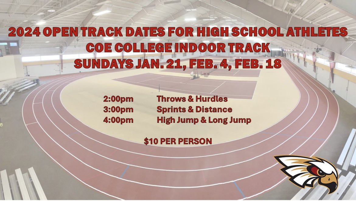 Iowa high schoolers: Is the snow &amp; cold making it hard for you to train for your upcoming T&amp;F season? We can help! We have 3 Sunday open track sessions this winter. Our coaches will be available to give instruction and help anyone looking to get better. First one is this Sunday!