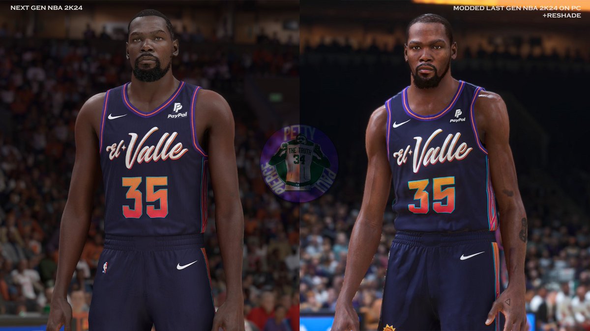 Right screenshot taken on PC with my modded KD cyberface + custom lighting + reshade. On the left is a next gen Xbox screenshot. What do you think which one looks better?
#nba2k24 #nba2k #nba #pcmods #2kmods