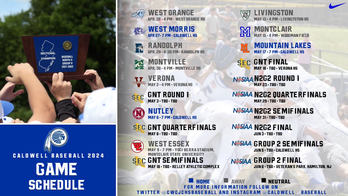 🚨2024 SCHEDULE🚨

Mark your calendars!! There are a lot of big games this season for the Baseball Chiefs. We can’t wait to get started. 

#CaldwellBaseball #NJBaseball #HomeGrown #SuperEssexConference #Compete #AllIn #HardworkForHardware #55Days