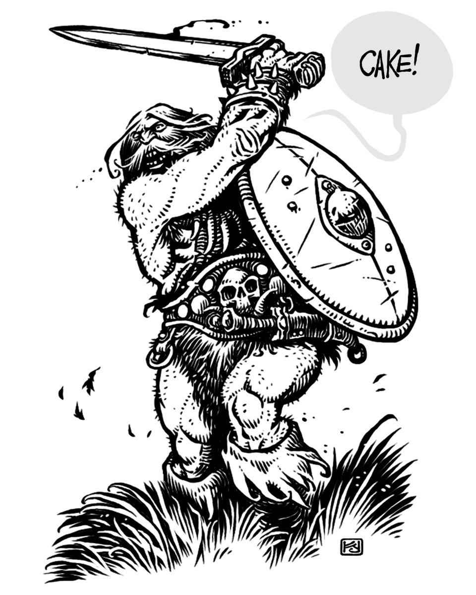 Kennon9's tweet image. Barbarians love cake.
#osr #art #rpgart #dungeonsanddragons #ttrpgart #ink #OldSchool #gameart #barbarian #cake
