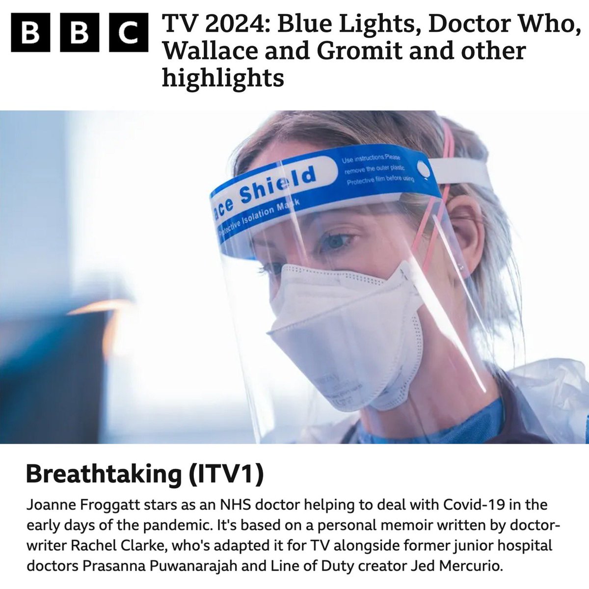 BREATHTAKING, features in BBC’s 24 shows to watch in 24. I realise this will be very triggering for some people, but if you are able to watch, please do as we shouldn’t look away from this story, of what our NHS workers really experienced during the pandemic #NHS #ITV