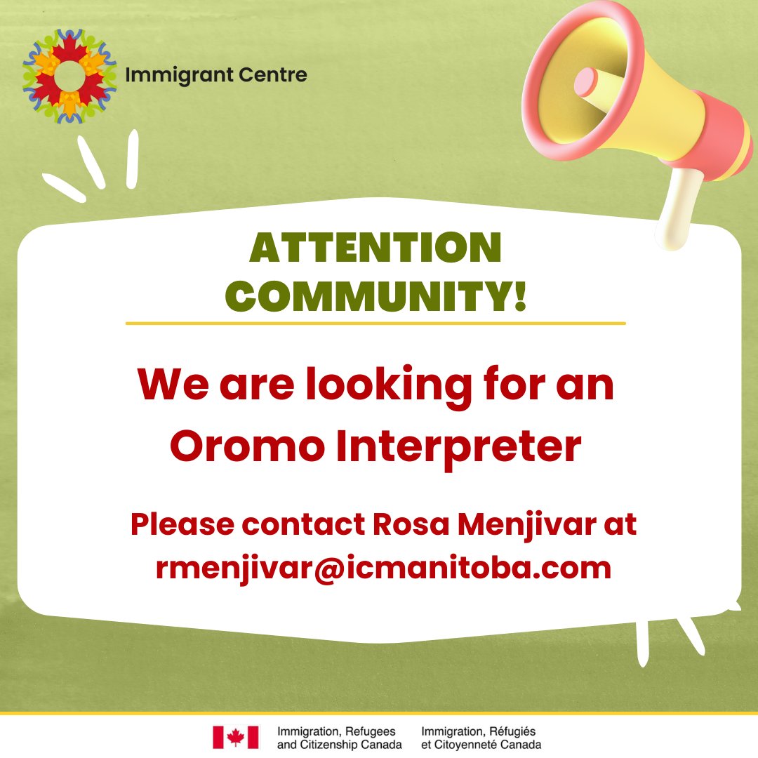 icmanitoba1's tweet image. Attention communitiy!
We are looking for an Oromo interpreter.
Details on the poster.
 #OromoInterpreter #Community #LanguageBank