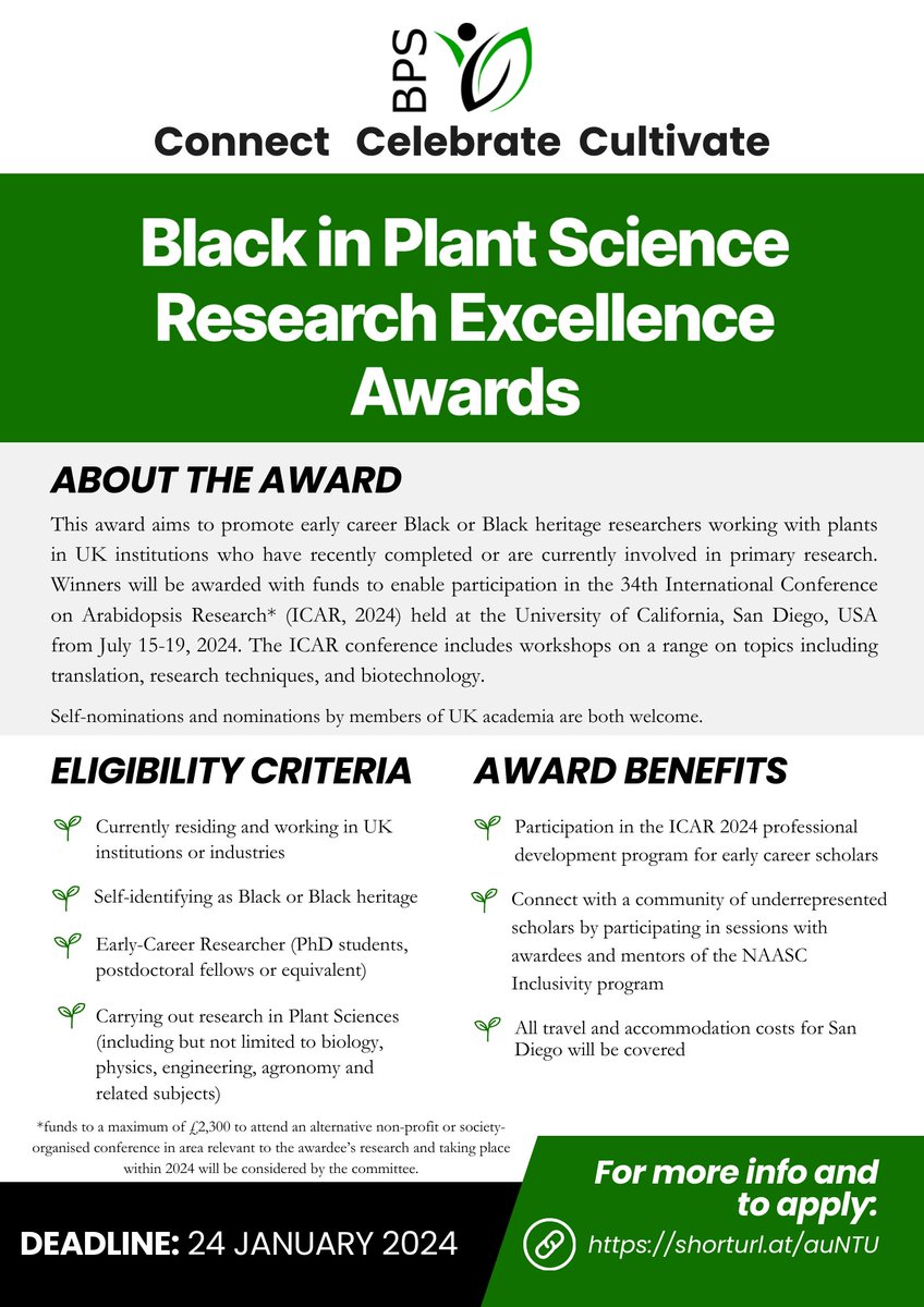 Nominate or apply ! DETAILS in the flier below. #ResearchExcellence Awards for Black and Black heritage EARLY CAREER researchers working with plants in UK. Deadline Jan 24th. Outstanding prize, networking AND Professional development opportunitY. #CELEBRATE #ECR #researchtalent