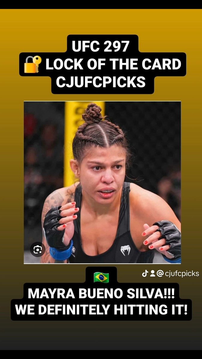 CJUFCPicks's tweet photo. Lock of card time yall for UFC 297. Let's go with MAYRA BUENO SILVA! ๐ง๐ท #MMATwitter #GamblingX #ufc297 #mayrabuenosilva #ufctoronto #ufcppv #ufcpicks #ufcpredictions #mmapicks #mmapredictions #mmahighlight #ufchighlight #fight #knockout #submission #tapout #fyp #cjufcpicks https://t.co/g1HrgGBQ33