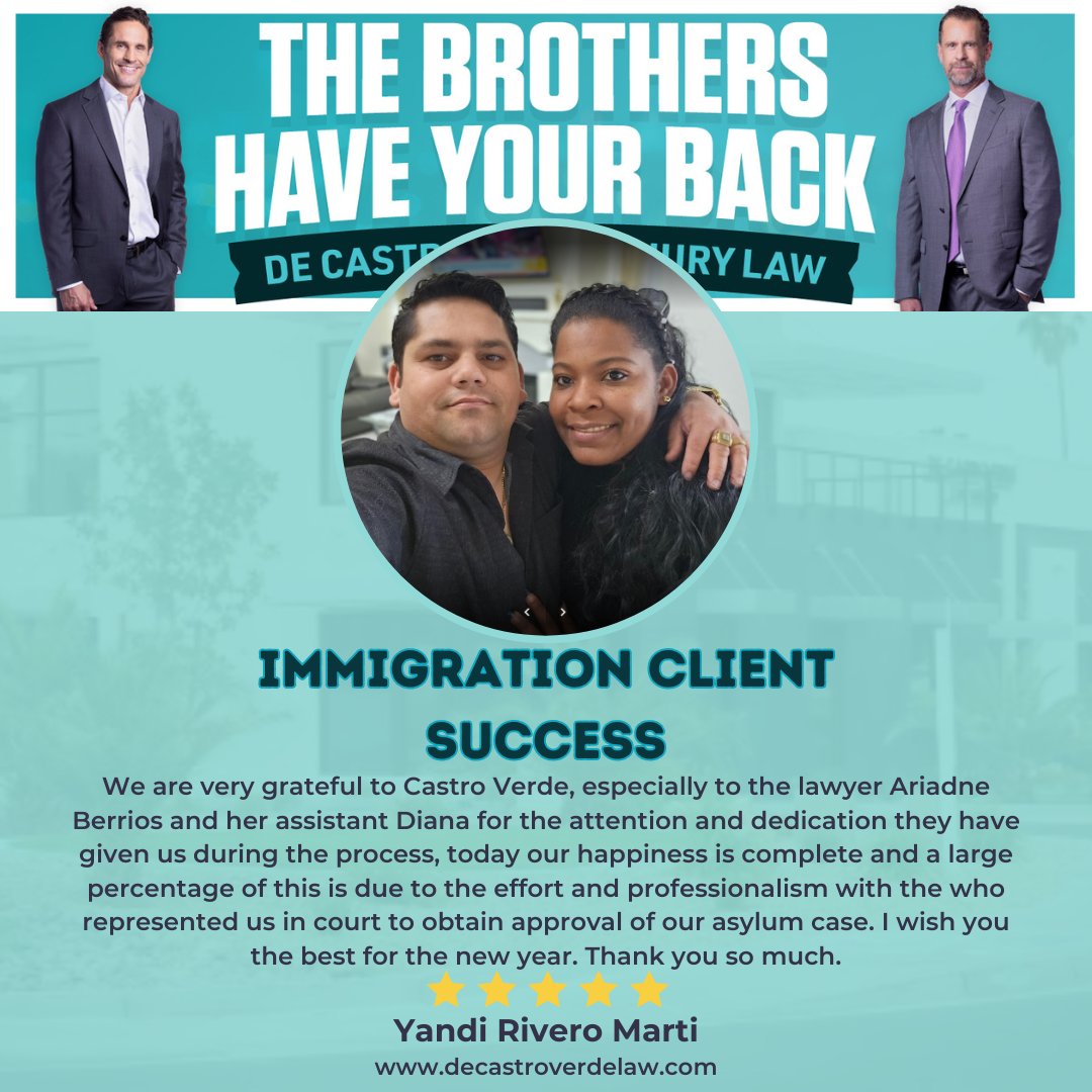 We celebrate the success story of Yandi and Rosana, a resilient Cuban couple whose asylum was granted. Their triumph is a testament to the power of hope and perseverance in the face of challenges. #ImmigrationSuccess #AsylumGranted #ClientJourney #ClientSuccess #DeCastroverdeLaw