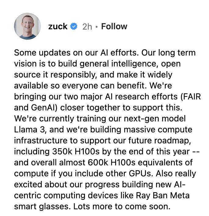soumithchintala's tweet photo. Can finally talk some GPU numbers publicly 🙃
By the end of the year, Meta will have 600k H100-equivalent GPUs.
Feel free to guess what's already deployed and being used 😉! https://t.co/z4j2MIBOCr