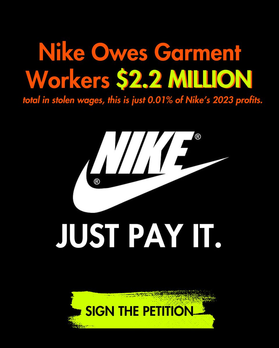 🚨ACTION ALERT: Can you get us to 100,000 petition signatures today? 74,000 of you, along with 52 human rights organizations, have told Nike to pay what is owed to garment workers!

✍️ Sign and share the petition: actions.eko.org/a/nike-just-pa… 
🗣 Tell Nike to #JustPayIt