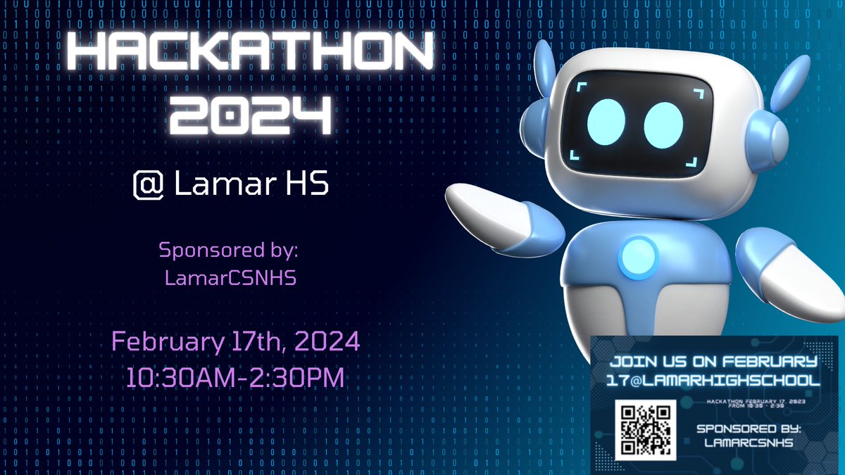 Brittany Zamora (@valkyriefit87) on Twitter photo 📣 Join us at <a href="/LamarHS/">Lamar High School</a> Hackathon event on February 17th, 2024! 🚀👨💻👩💻
Come & showcase your coding skills and creativity.
Scan the QR code for more details. @TeamHISD <a href="/WIStevensonMS/">Stevenson Dragons</a> 📣 Join us at <a href="/LamarHS/">Lamar High School</a> Hackathon event on February 17th, 2024! 🚀👨💻👩💻
Come & showcase your coding skills and creativity.
Scan the QR code for more details. @TeamHISD <a href="/WIStevensonMS/">Stevenson Dragons</a>