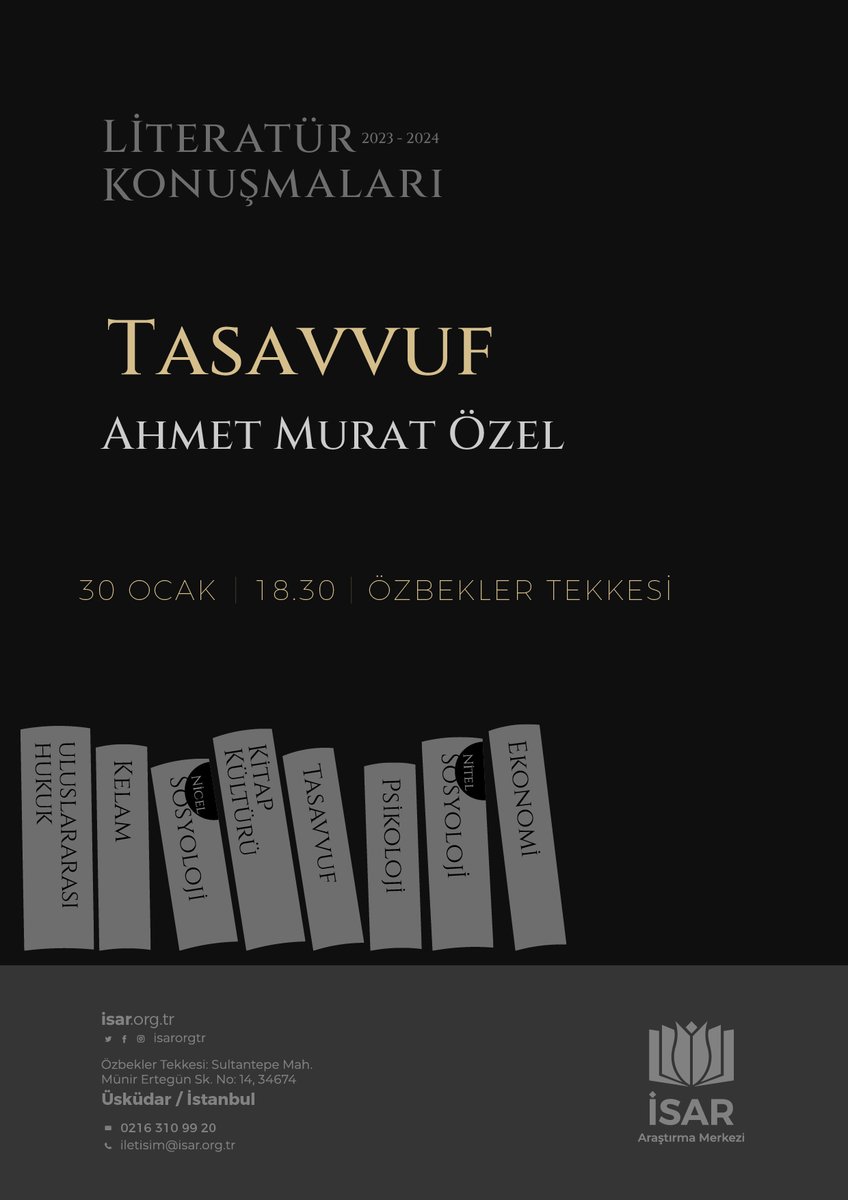 ‼️ Literatür Konuşmaları Serisi-4: Tasavvuf Tasavvuf literatürü ile serimize devam ediyoruz. Bu oturumumuzda İstanbul Medeniyet Üniversitesi'nden Doç. Dr. Ahmet Murat Özel'i dinleyeceğiz. 📅30 Ocak 2024 Salı 18:30 📍Özbekler Tekkesi Başvuru için: forms.gle/V6r5QHZVUCzpm9…