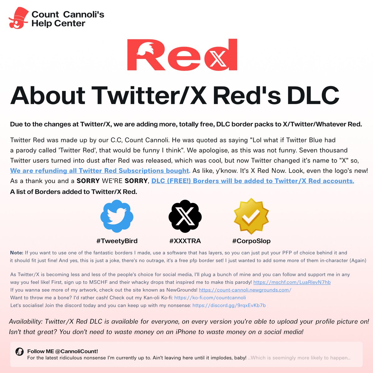 CannoliCount's tweet photo. Hello.
There has been a recent update to #TwitterRed.
Please, enjoy this update as an apology. https://t.co/jHCFXYTP1Z