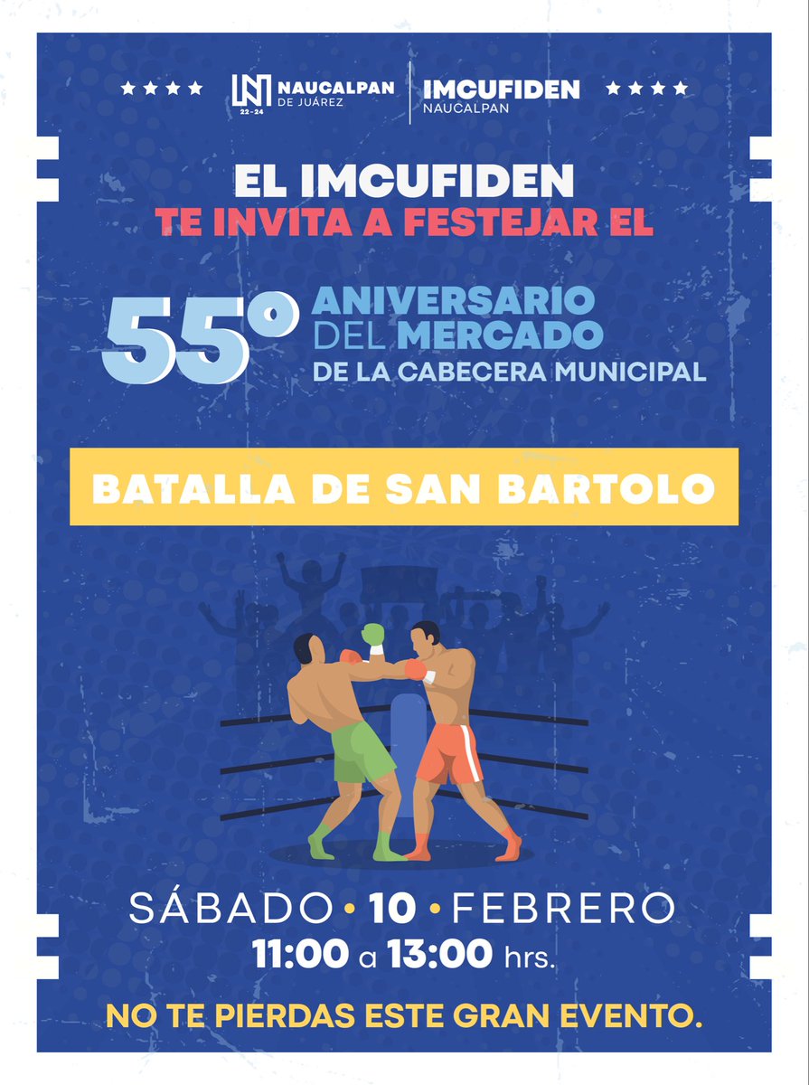 ¡Ven a celebrar con nosotros el 55° Aniversario del Mercado de la Cabecera Municipal de Naucalpan! 🎉

El IMCUFIDEN, en conjunto con el Mercado de la Cabecera Municipal, te invita a ser parte de la emocionante 'Batalla de San Bartolo'. Un evento lleno de alegría y tradición.