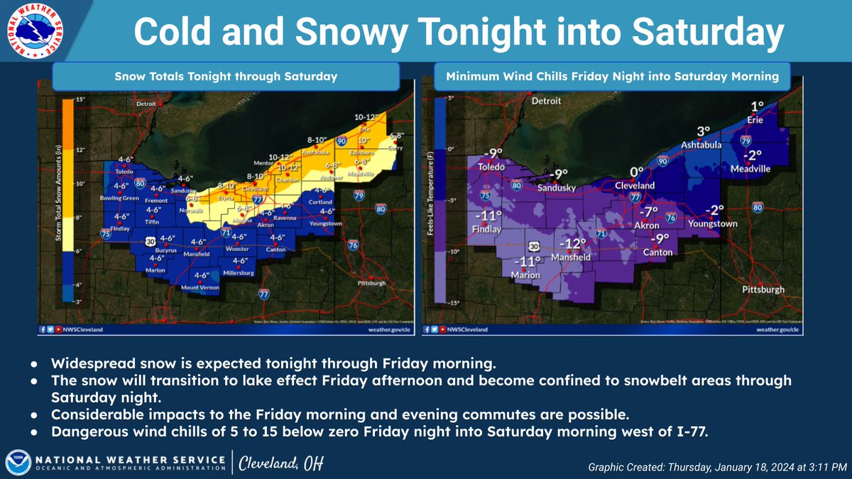 Widespread snow is expected tonight through Friday morning, transitioning to lake effect Friday afternoon &amp; becoming confined to snowbelt areas through Saturday night. This will considerably impact the Friday AM &amp; PM commutes. Dangerous wind chills Friday night. #ohwx #pawx