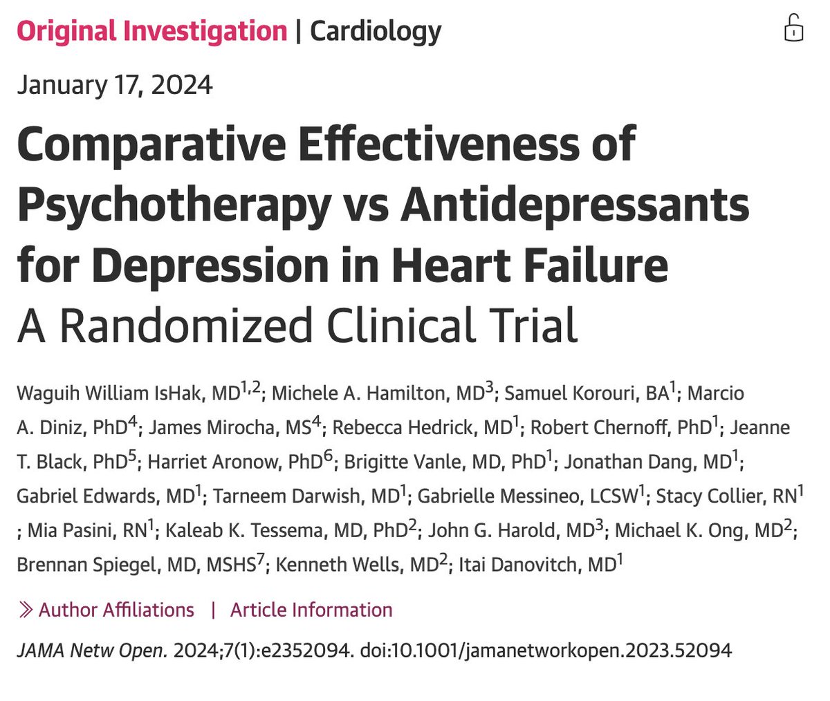 Excited to share our new @JAMANetworkOpen paper! In this @PCORI study, we tested 2 ways to manage depression among people w heart failure: Behavioral therapy vs meds. Both reduced symptoms ~50%. Talk therapy improved physical health, lowered hospital stays jamanetwork.com/journals/jaman…