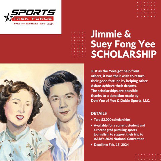Struggling w/ <a href="/aaja/">Asian American Journalists Association est. 1981</a> convention costs?

Don Yee, known widely as the agent for Jim Harbaugh &amp; Tom Brady (among others), has always been a HUGE supporter of #AAJA.

TWO $2,000 scholarships - 1 for a student, 1 for a fresh grad aimed at #AAJA24 costs!

Apply➡️aaja.org/news-and-resou…
