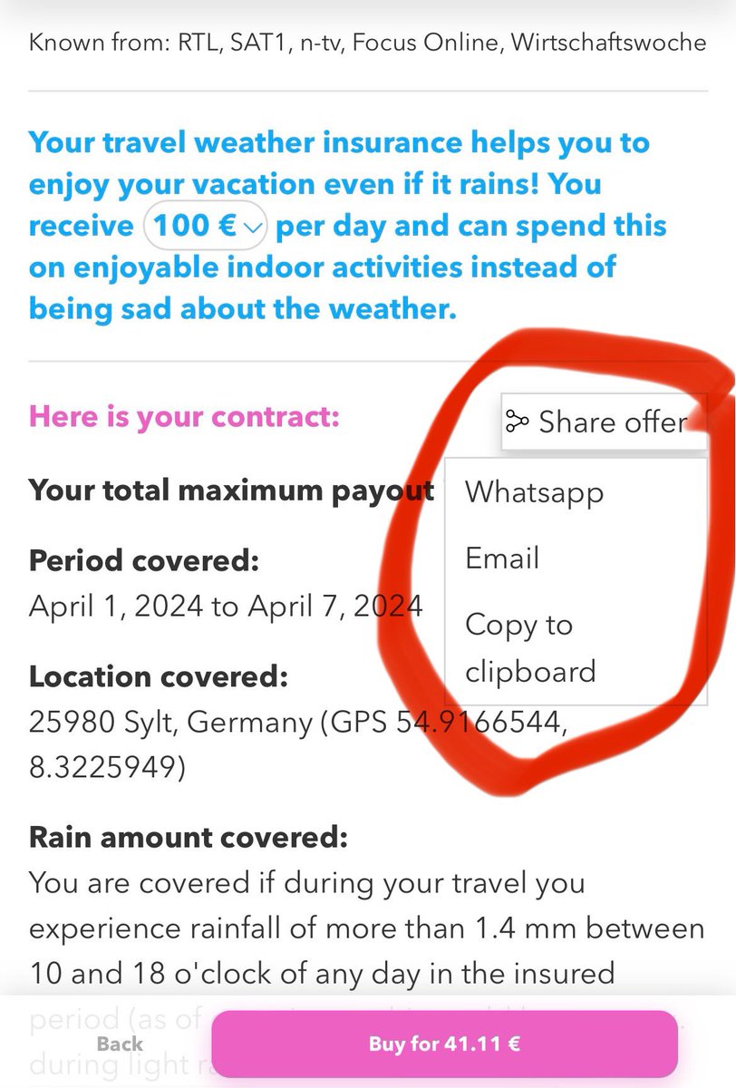 What’s the best way to send an insurance offer to yourself or your friends? We will implement sharing Wetterheld travel rain insurance quotes via WhatsApp, Email, and Link copy.
Pro: no data is shared with us, no fear of spam. 
Con: we don’t get to follow up. 
Any thoughts?